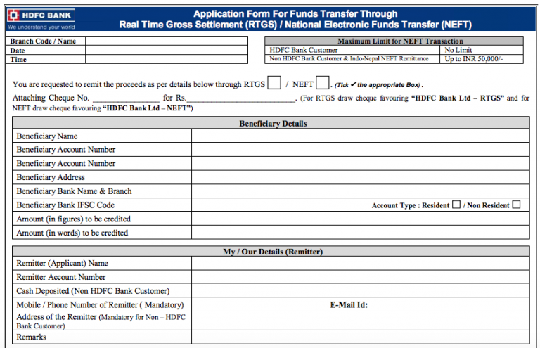 HDFC Bank NEFT Form, HDFC Bank RTGS Form